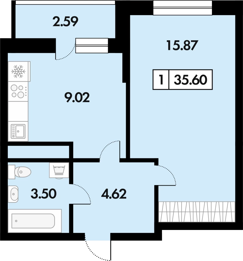 Однокомнатная квартира в Рязани площадью 35.6м2